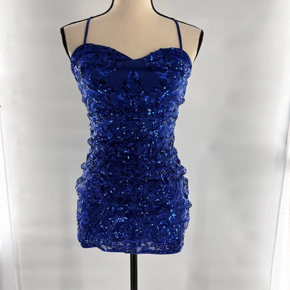 Lulus Elegant Blue Mini Sequin Dress S Homecoming Prom Navy sparkly open back